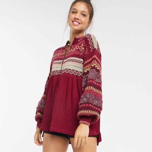 Free People Sweaters - Free People Cozy Cottage Embroidered Sweater In Wine Size Large